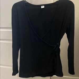 Old Navy Black Ribbed Wrap Tie Long Sleeve Top